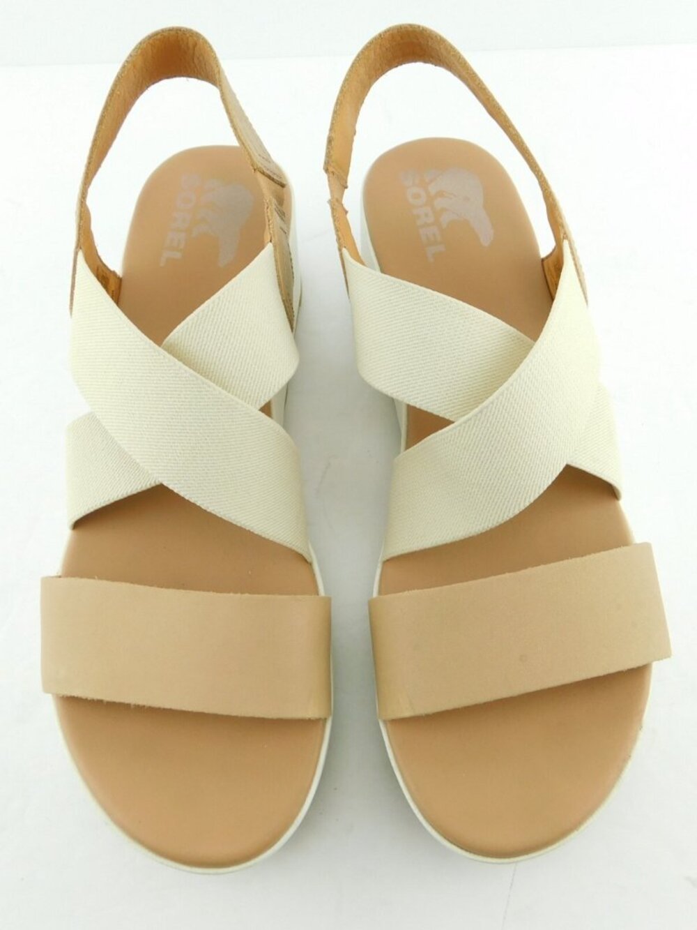 SOREL Beige Leather Strap Stretchy Crisscross Band Sling Platform Sandals 9